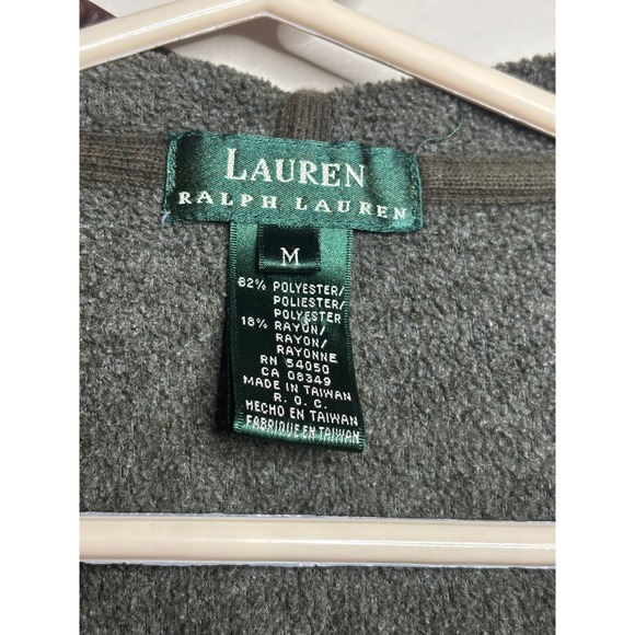 Lauren Ralph Lauren Fleece Hooded Vest Olive Green Full Zip Faux Leather Trim M - Picture 6 of 10